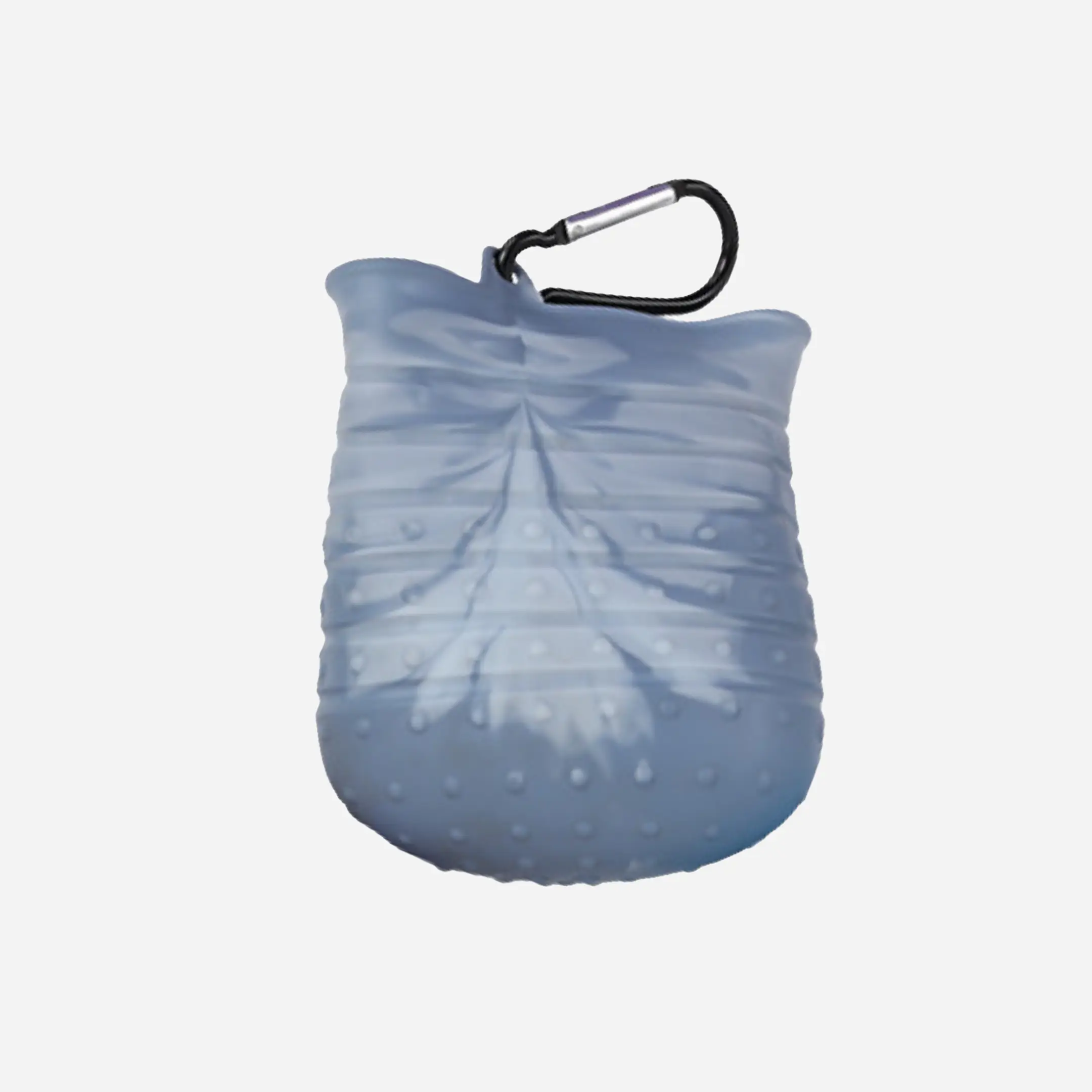 Blue silicone pouch with leaf pattern and carabiner on a white background