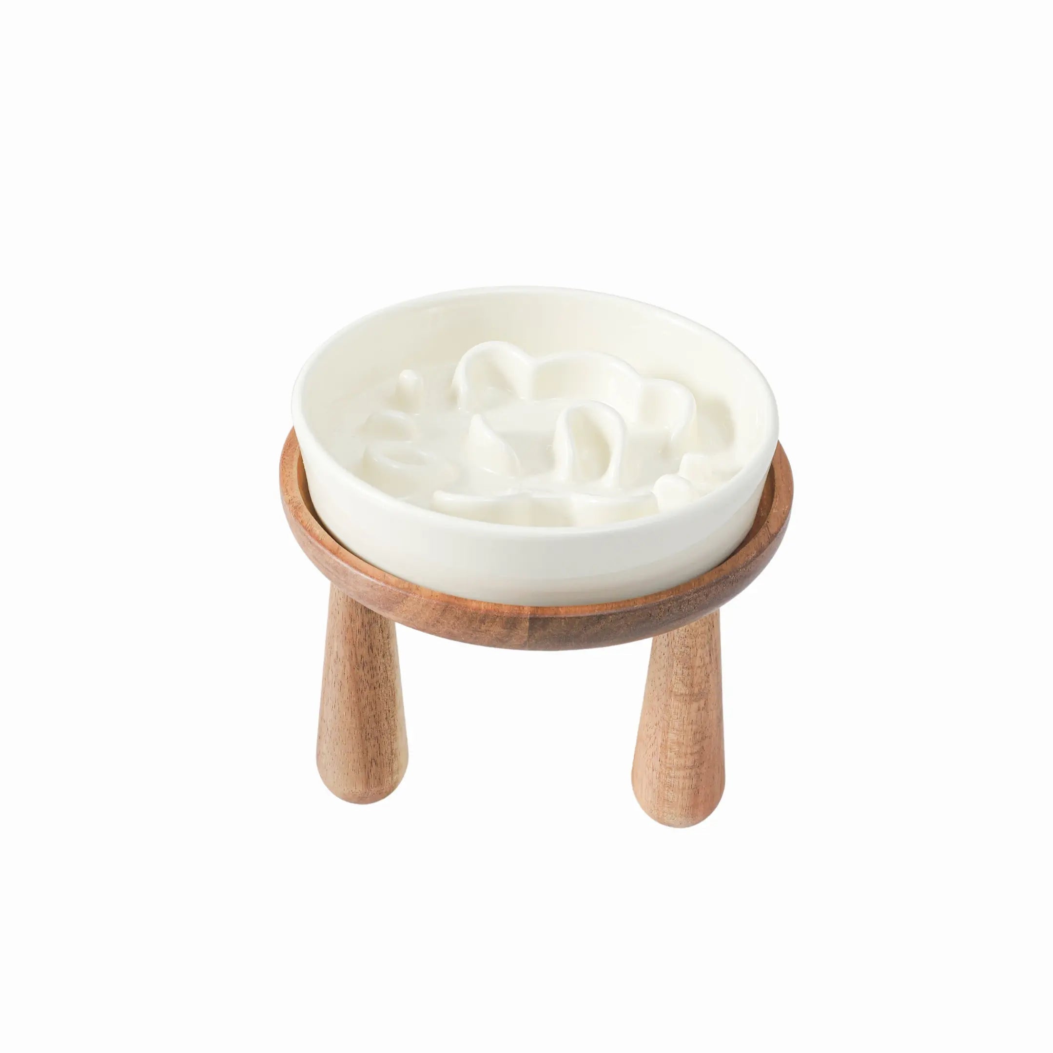 Ceramic Slow Feeder Bowl with Acacia Wood Stand - YMOAs - Ceramic Slow Feeder Bowl with Acacia Wood Stand